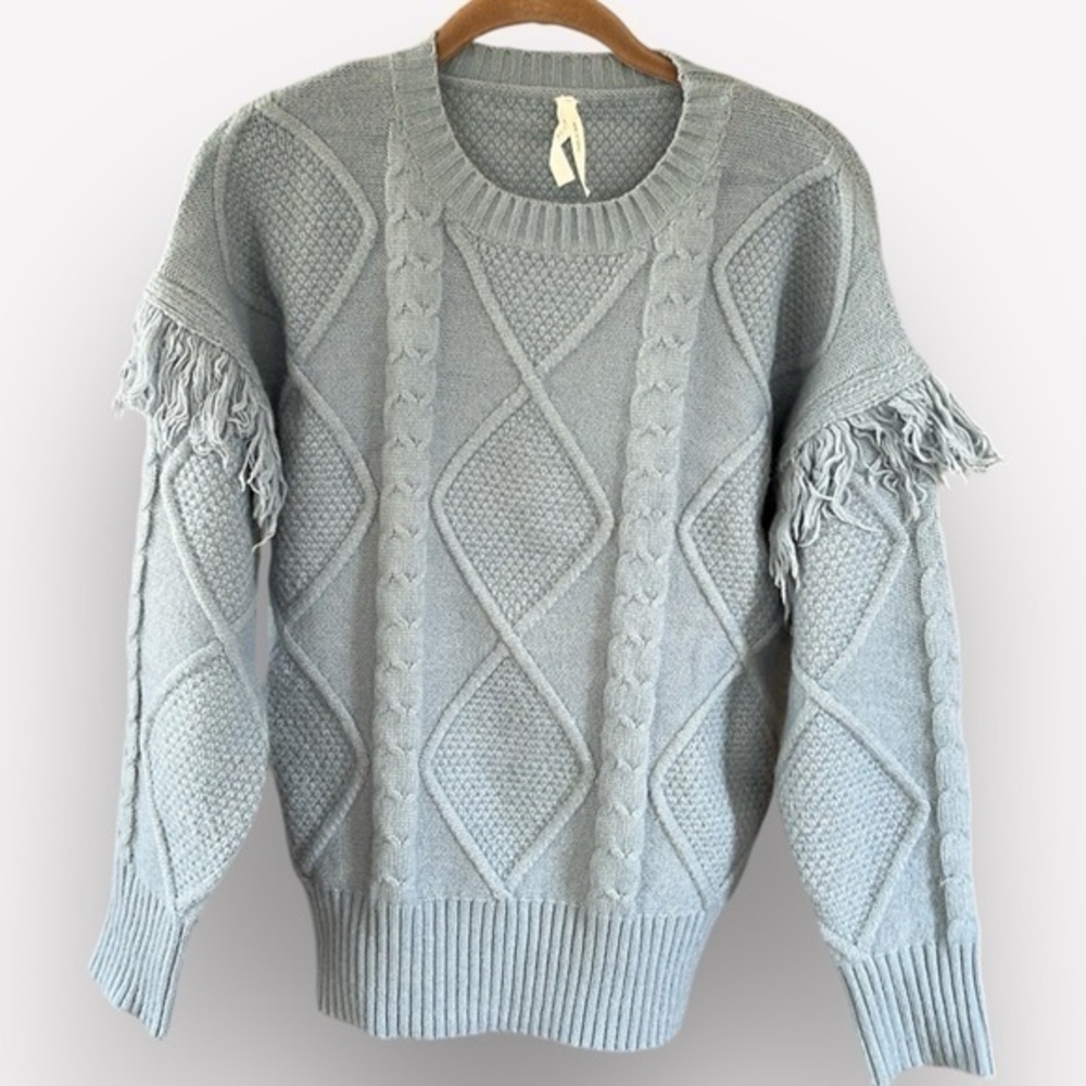 🇪🇸🐠 Dreamers by Debut boho cable knit sweater fringe blue small/medium crewneck